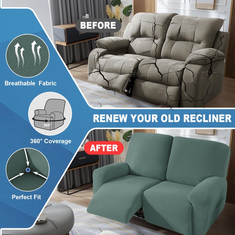 JIVINER 4 Pieces Recliner Loveseat Covers Stretch Recliner Sofa Slipcover with Elastic Bottom Jacquard Fitted Reclining Couch Cover Furniture Protector with Pockets (2 Seater  Pea Green) - Image 5